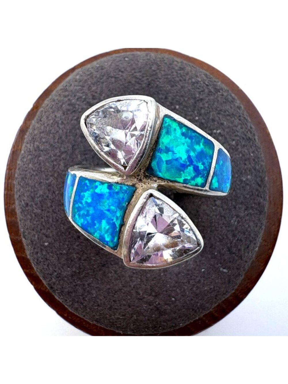 Cubic Zirconia & Blue Opal Bypass Ring VTG Sterling Silver 925 Size 6.5